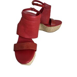 Cole Haan Red Leather Wedge Sandals With Ankle Strap & Jute Soles size 9